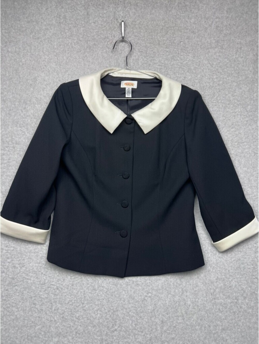 Talbots Black Cropped Blazer Cream Satin Collar Cuffs Button Front Sport Coat